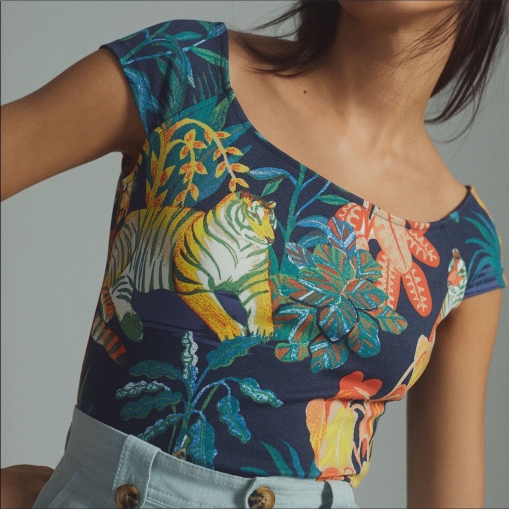 Anthro Maeve Tiger Jungle Print Top Off-Shoulder Knit Jungle Print